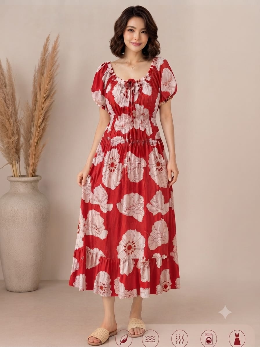 Red Large Floral Wrinkle Maxi Dress | Soft Grilmodal Fabric with Puff Sleeves