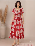Red Large Floral Wrinkle Maxi Dress | Soft Grilmodal Fabric with Puff Sleeves