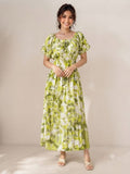 Lime Green Abstract Wrinkle Maxi Dress | Soft Grilmodal Fabric with Puff Sleeves
