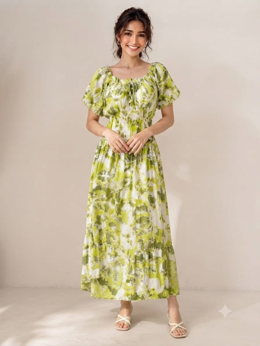 Lime Green Abstract Wrinkle Maxi Dress | Soft Grilmodal Fabric with Puff Sleeves