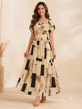 Beige Abstract Geometric Wrinkle Maxi Dress | Soft Wrinkle Fabric with Tie-Up Neck
