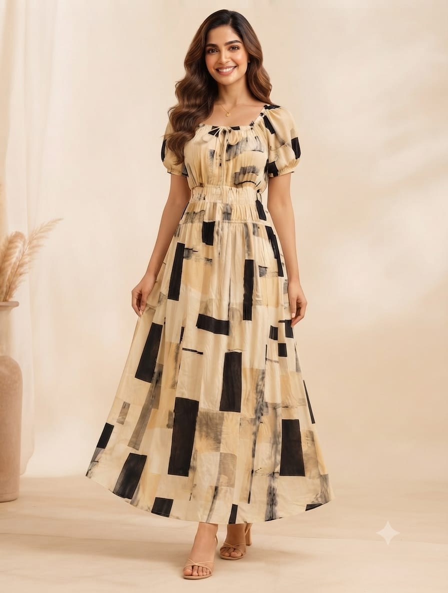 Beige Abstract Geometric Wrinkle Maxi Dress | Soft Wrinkle Fabric with Tie-Up Neck