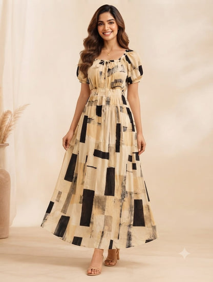 Beige Abstract Geometric Wrinkle Maxi Dress | Soft Wrinkle Fabric with Tie-Up Neck