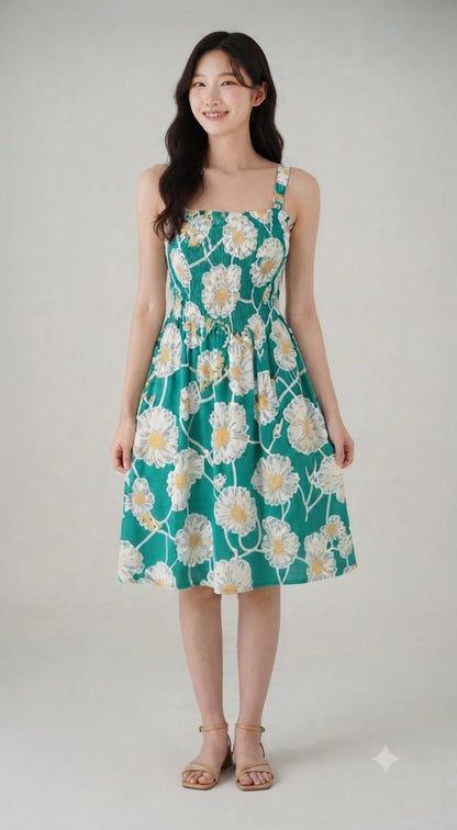 Blue Daisy Floral Smocked Midi Dress | Sleeveless Summer Dress