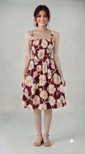 Maroon Daisy Floral Smocked Midi Dress | Square Neck Sleeveless Dress