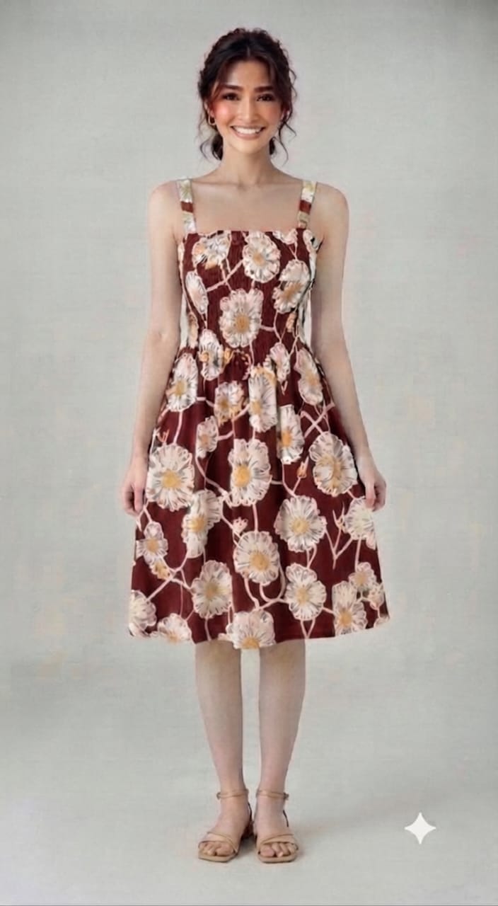 Maroon Daisy Floral Smocked Midi Dress | Square Neck Sleeveless Dress