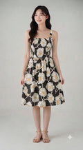 Green Daisy Floral Smocked Midi Dress | Square Neck Sleeveless Dress