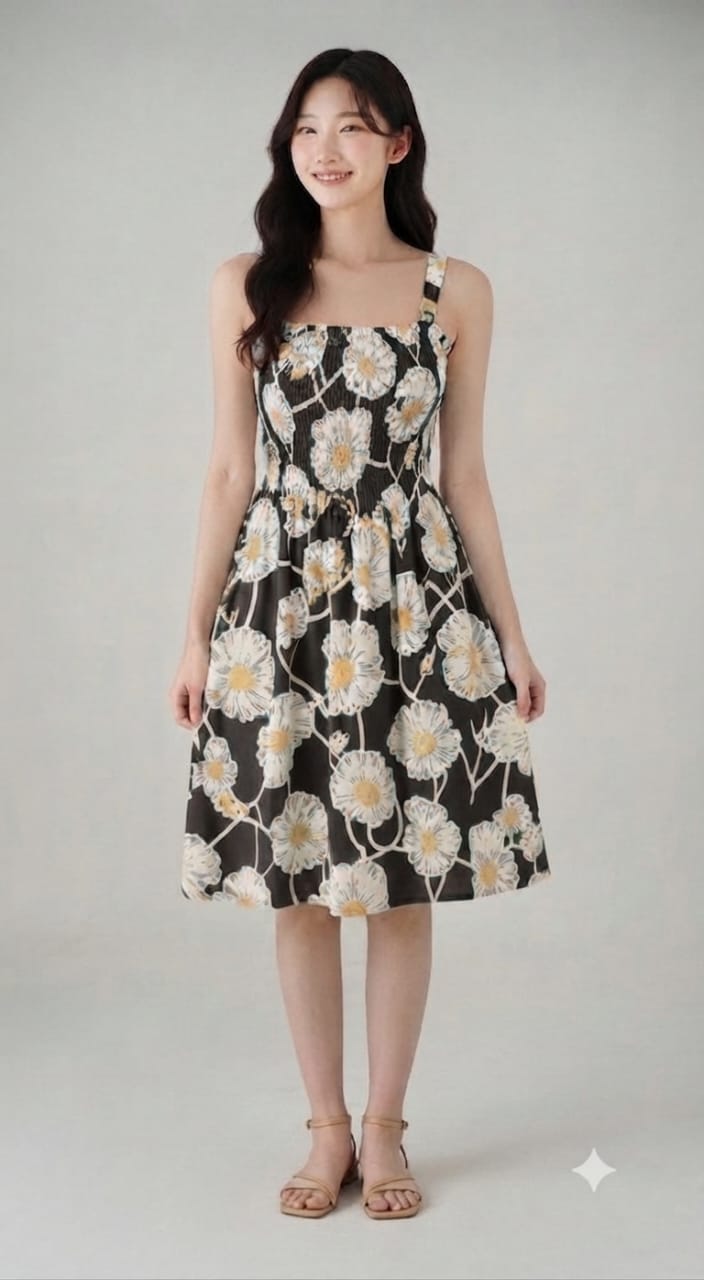 Green Daisy Floral Smocked Midi Dress | Square Neck Sleeveless Dress