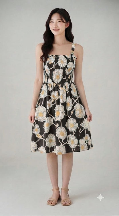 Green Daisy Floral Smocked Midi Dress | Square Neck Sleeveless Dress