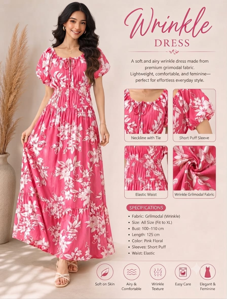 Hot Pink Tropical Floral Wrinkle Maxi Dress | Premium Grilmodal Fabric with Puff Sleeves