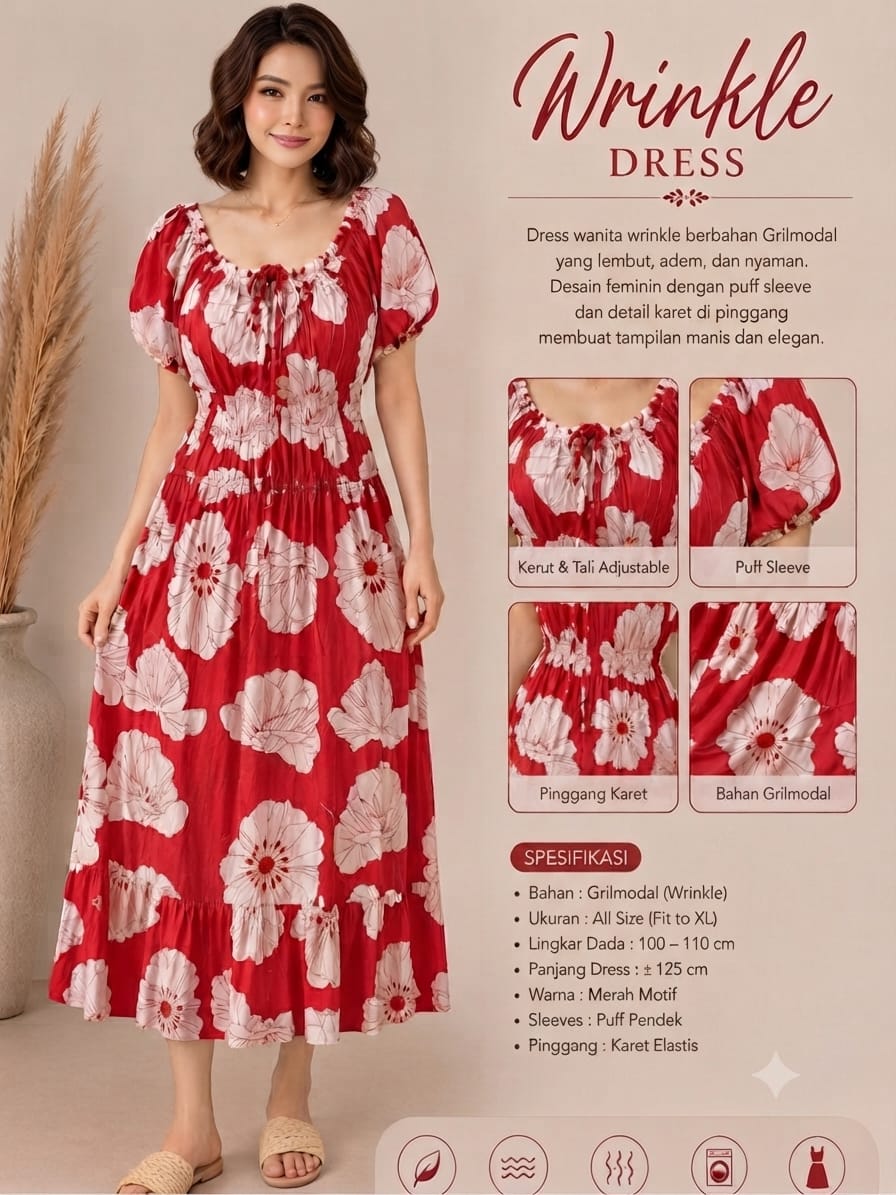 Red Large Floral Wrinkle Maxi Dress | Soft Grilmodal Fabric with Puff Sleeves