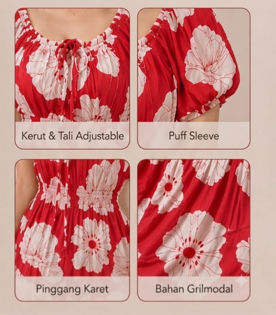 Red Large Floral Wrinkle Maxi Dress | Soft Grilmodal Fabric with Puff Sleeves
