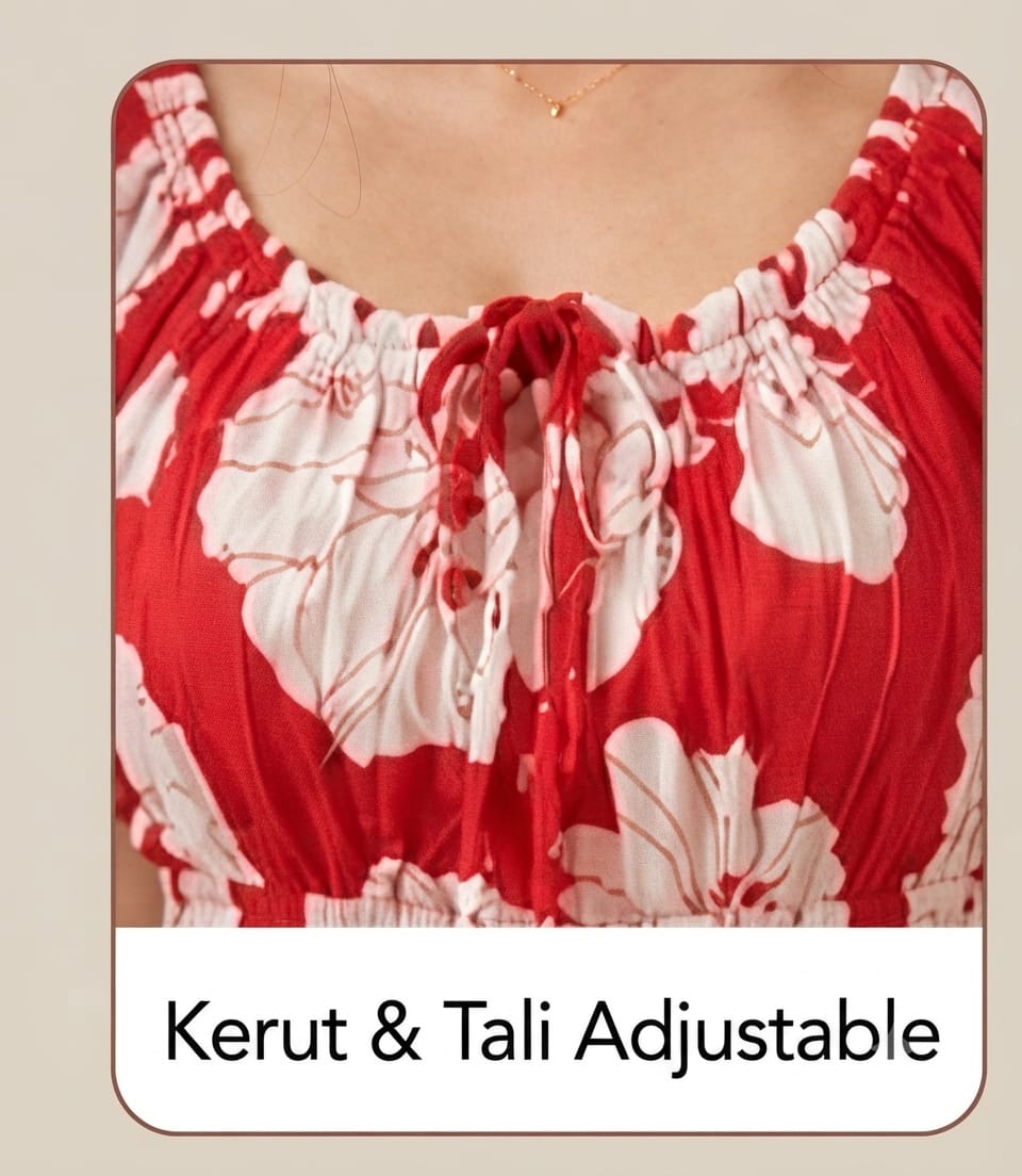 Red Large Floral Wrinkle Maxi Dress | Soft Grilmodal Fabric with Puff Sleeves