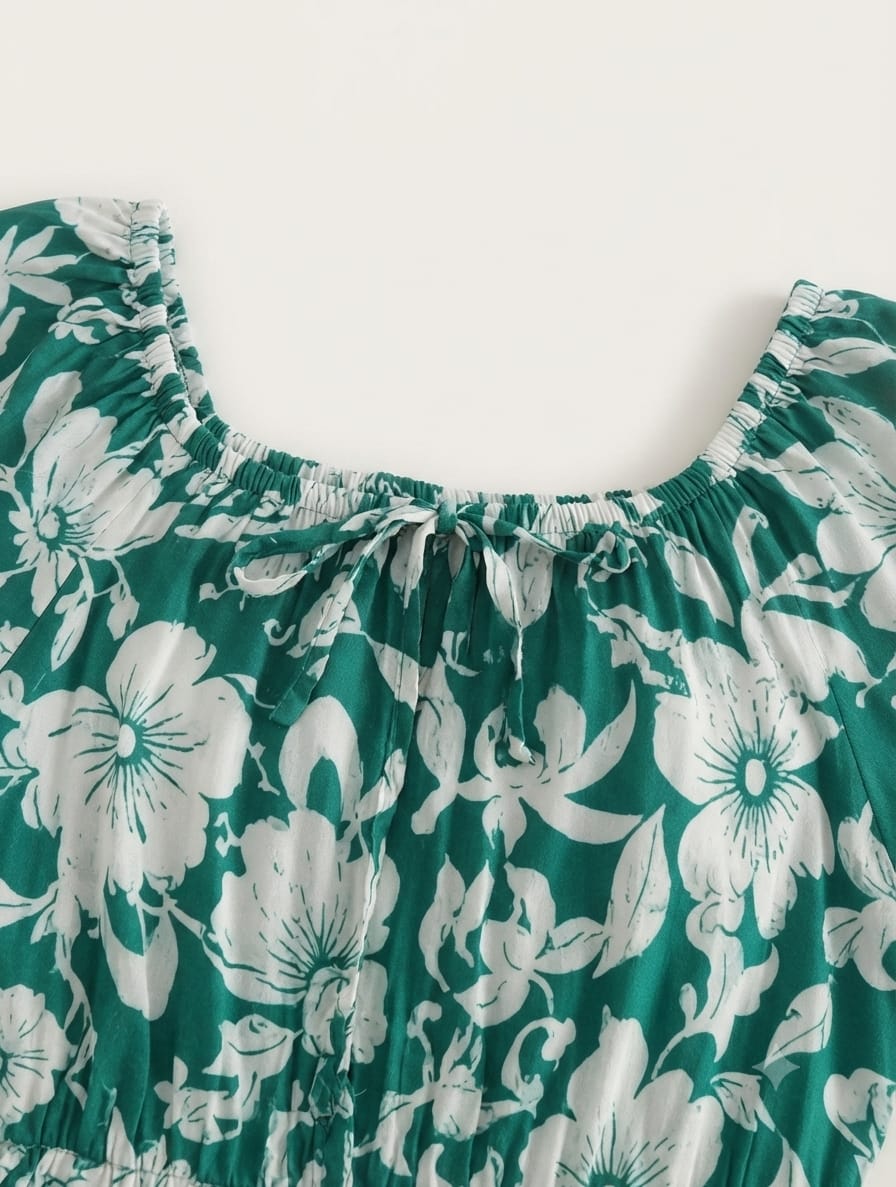 Emerald Green Botanical Floral Wrinkle Dress | Soft Grilmodal Fabric