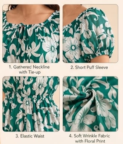 Emerald Green Botanical Floral Wrinkle Dress | Soft Grilmodal Fabric