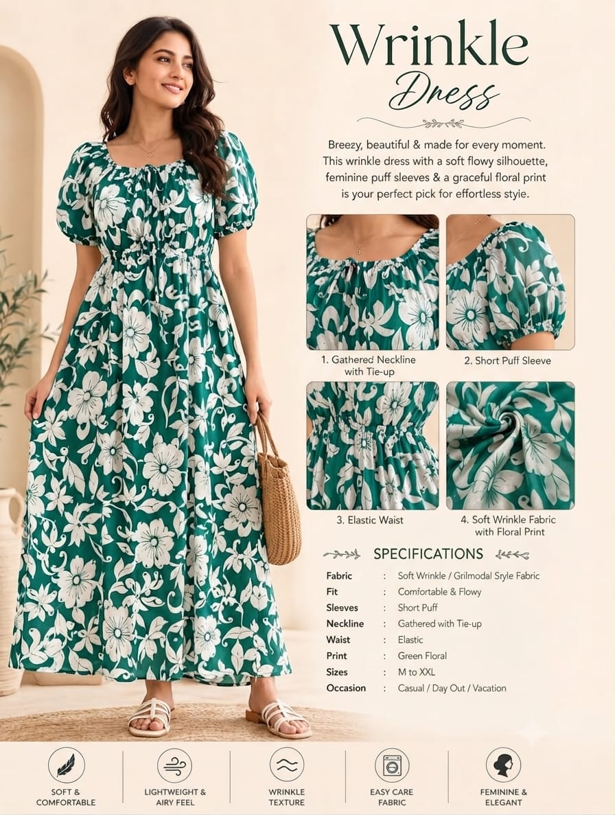 Emerald Green Botanical Floral Wrinkle Dress | Soft Grilmodal Fabric