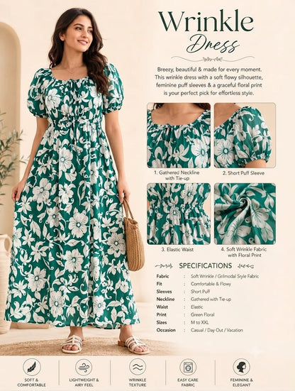 Emerald Green Botanical Floral Wrinkle Dress | Soft Grilmodal Fabric
