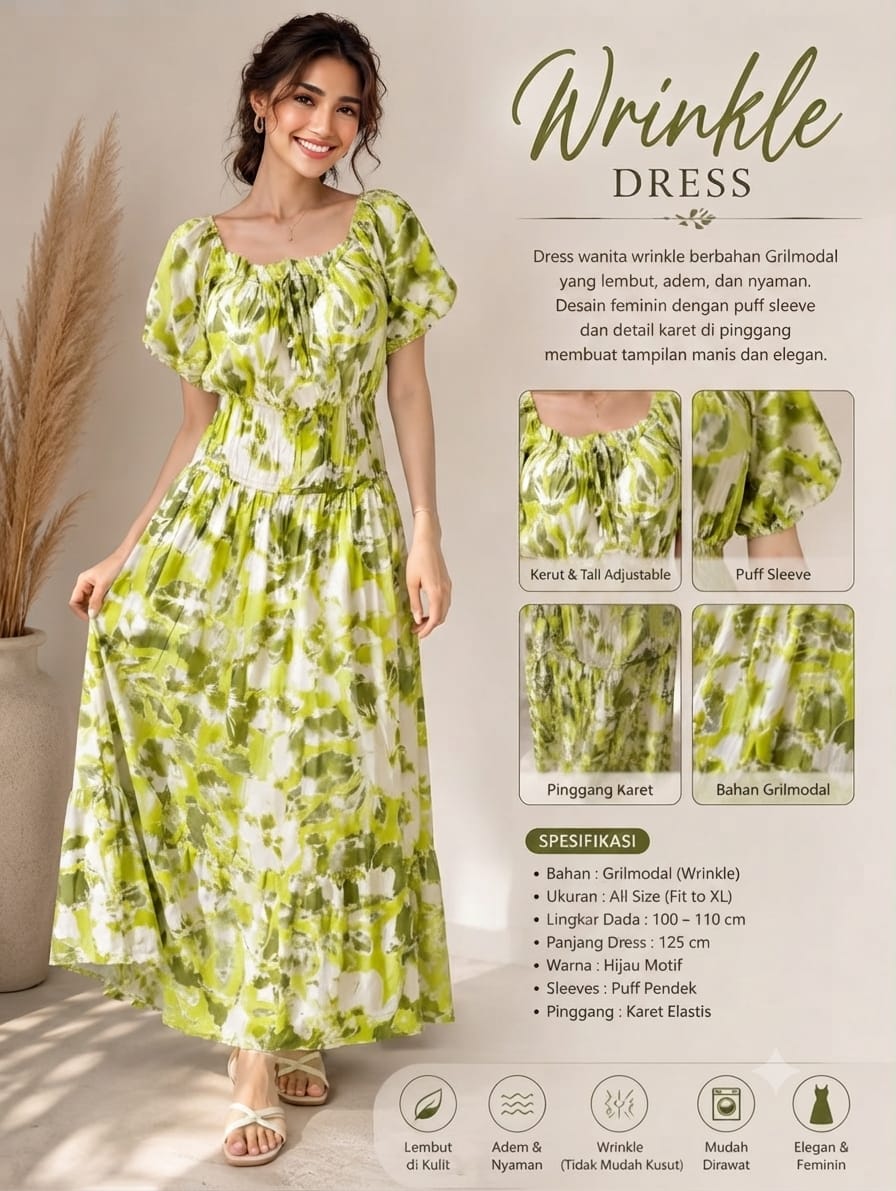Lime Green Abstract Wrinkle Maxi Dress | Soft Grilmodal Fabric with Puff Sleeves