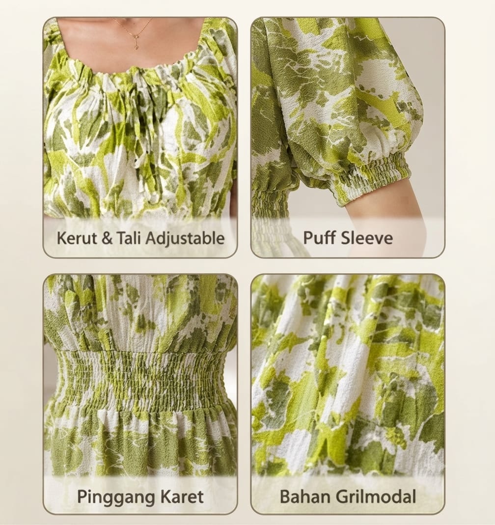 Lime Green Abstract Wrinkle Maxi Dress | Soft Grilmodal Fabric with Puff Sleeves