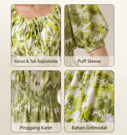 Lime Green Abstract Wrinkle Maxi Dress | Soft Grilmodal Fabric with Puff Sleeves