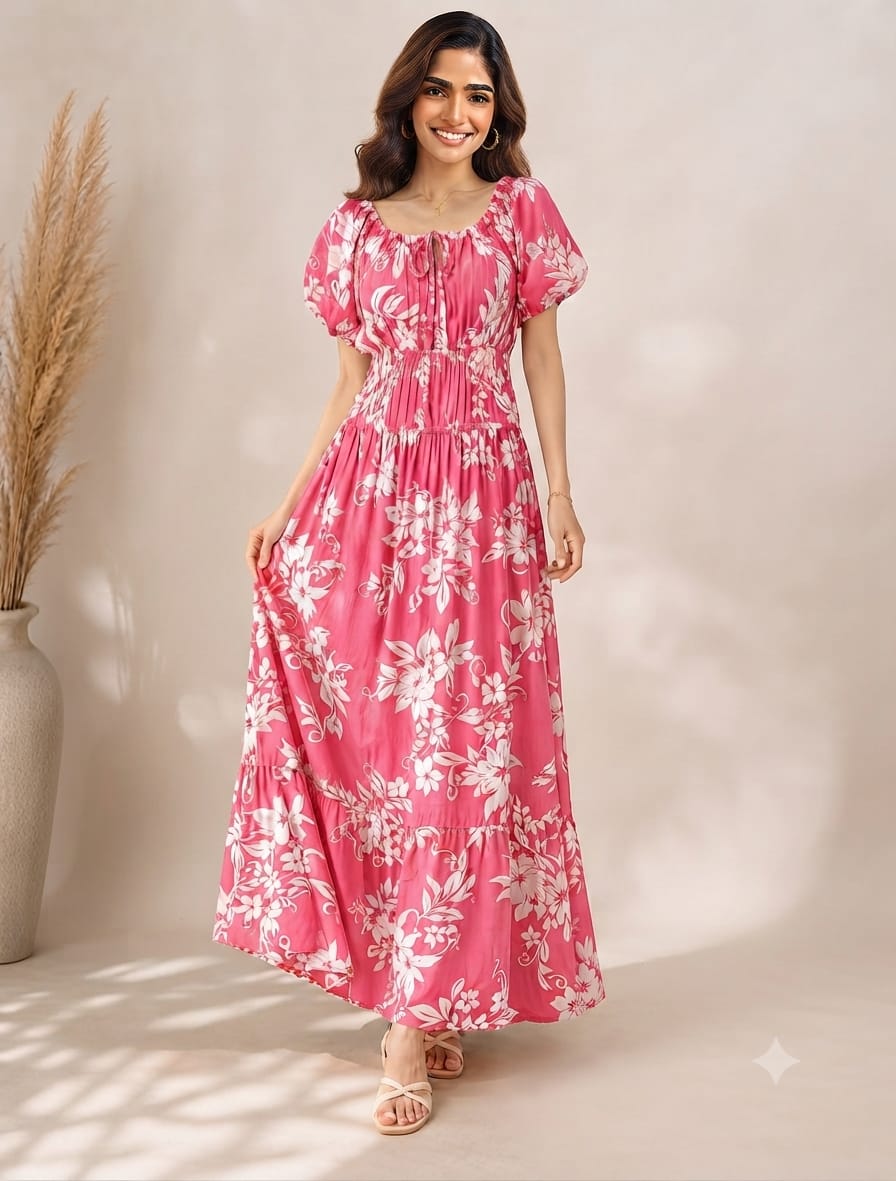 Hot Pink Tropical Floral Wrinkle Maxi Dress | Premium Grilmodal Fabric with Puff Sleeves