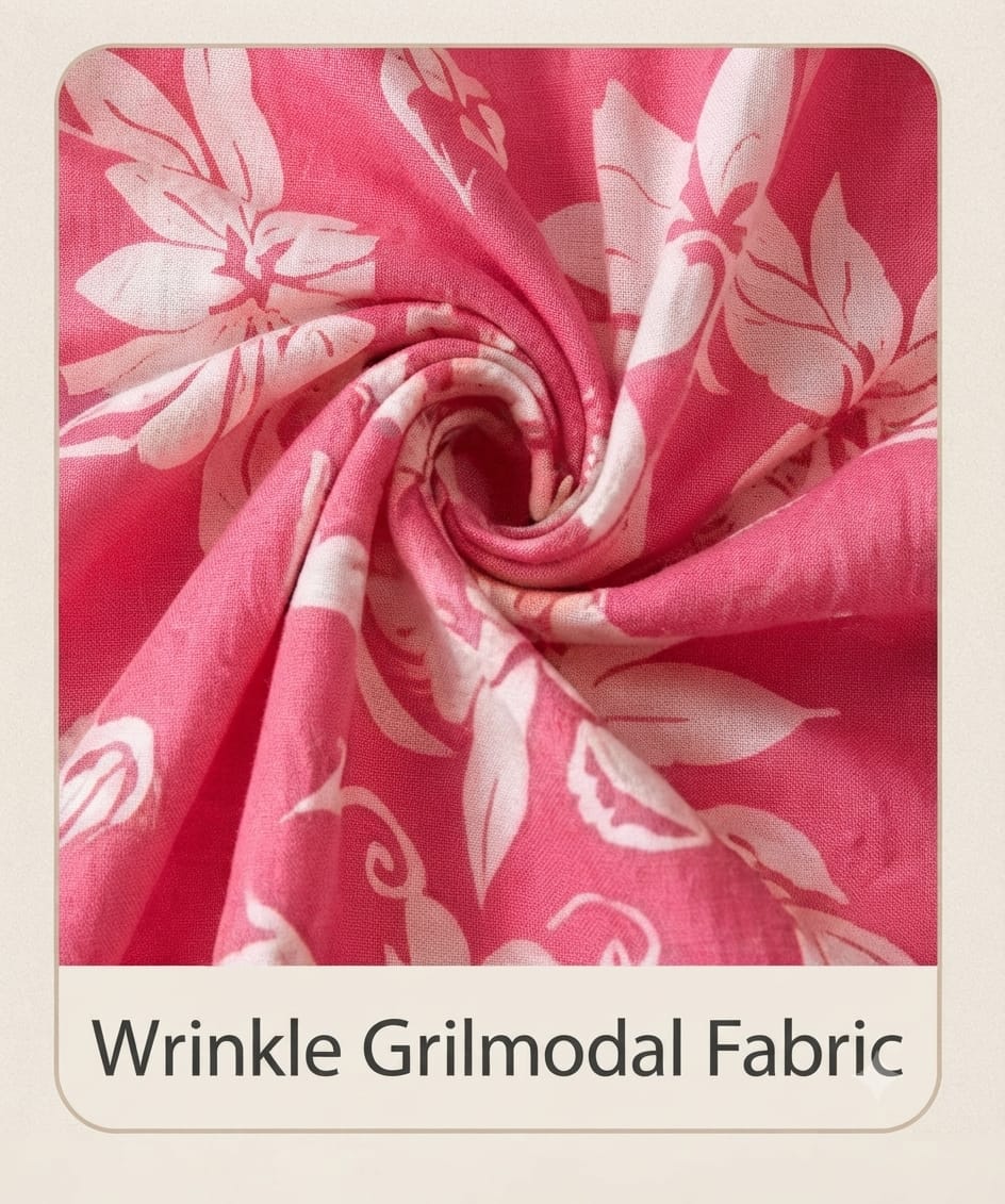 Hot Pink Tropical Floral Wrinkle Maxi Dress | Premium Grilmodal Fabric with Puff Sleeves