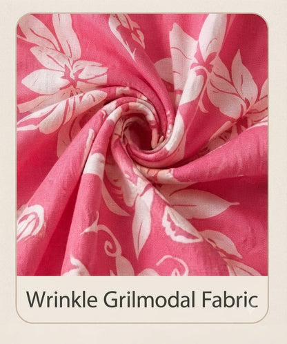 Hot Pink Tropical Floral Wrinkle Maxi Dress | Premium Grilmodal Fabric with Puff Sleeves
