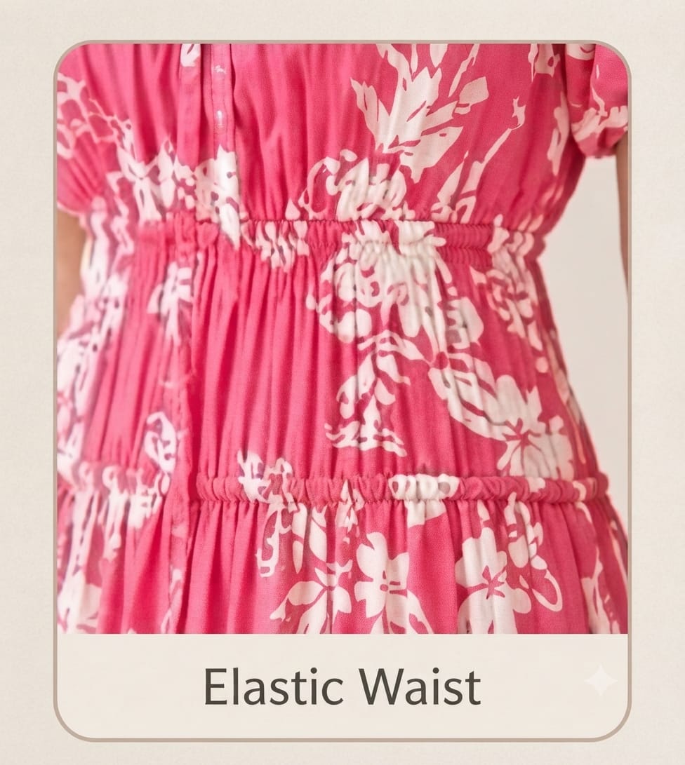 Hot Pink Tropical Floral Wrinkle Maxi Dress | Premium Grilmodal Fabric with Puff Sleeves