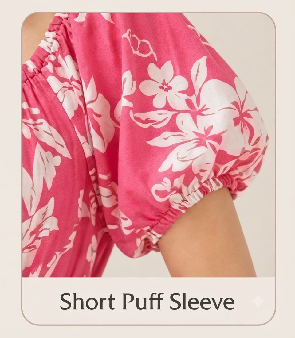 Hot Pink Tropical Floral Wrinkle Maxi Dress | Premium Grilmodal Fabric with Puff Sleeves