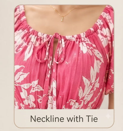 Hot Pink Tropical Floral Wrinkle Maxi Dress | Premium Grilmodal Fabric with Puff Sleeves