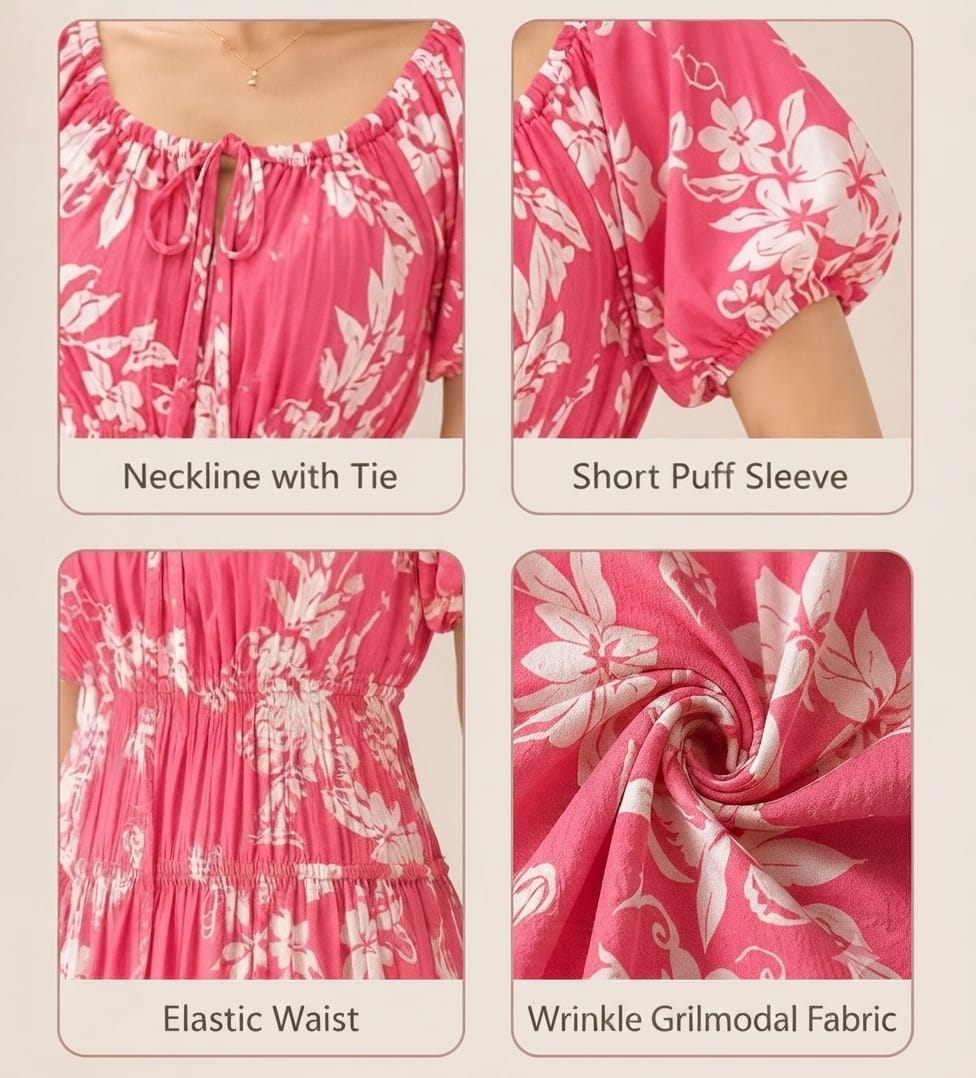 Hot Pink Tropical Floral Wrinkle Maxi Dress | Premium Grilmodal Fabric with Puff Sleeves