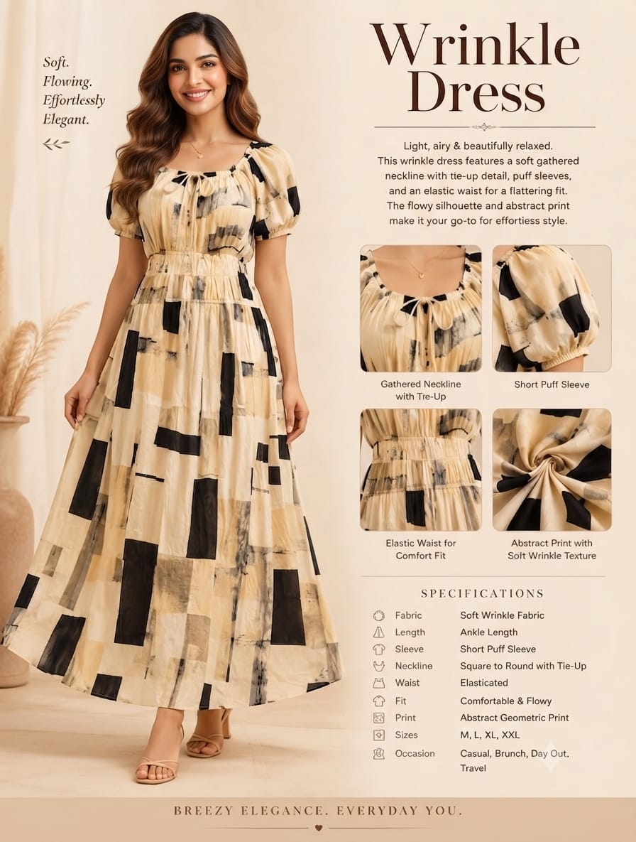 Beige Abstract Geometric Wrinkle Maxi Dress | Soft Wrinkle Fabric with Tie-Up Neck
