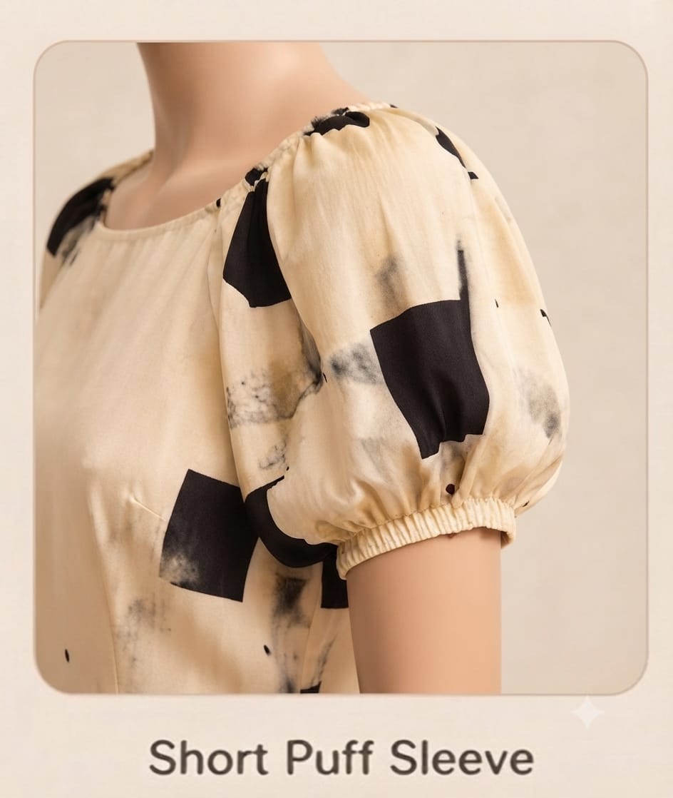 Beige Abstract Geometric Wrinkle Maxi Dress | Soft Wrinkle Fabric with Tie-Up Neck