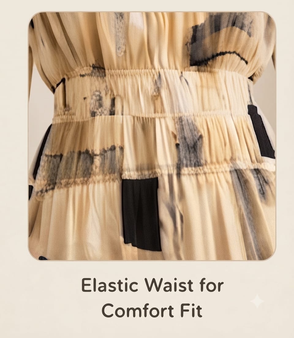 Beige Abstract Geometric Wrinkle Maxi Dress | Soft Wrinkle Fabric with Tie-Up Neck