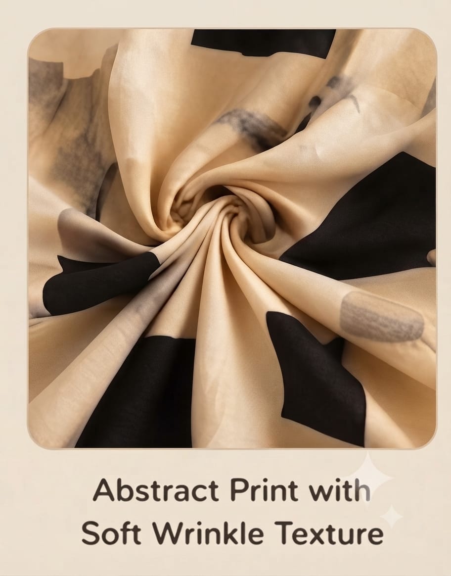Beige Abstract Geometric Wrinkle Maxi Dress | Soft Wrinkle Fabric with Tie-Up Neck