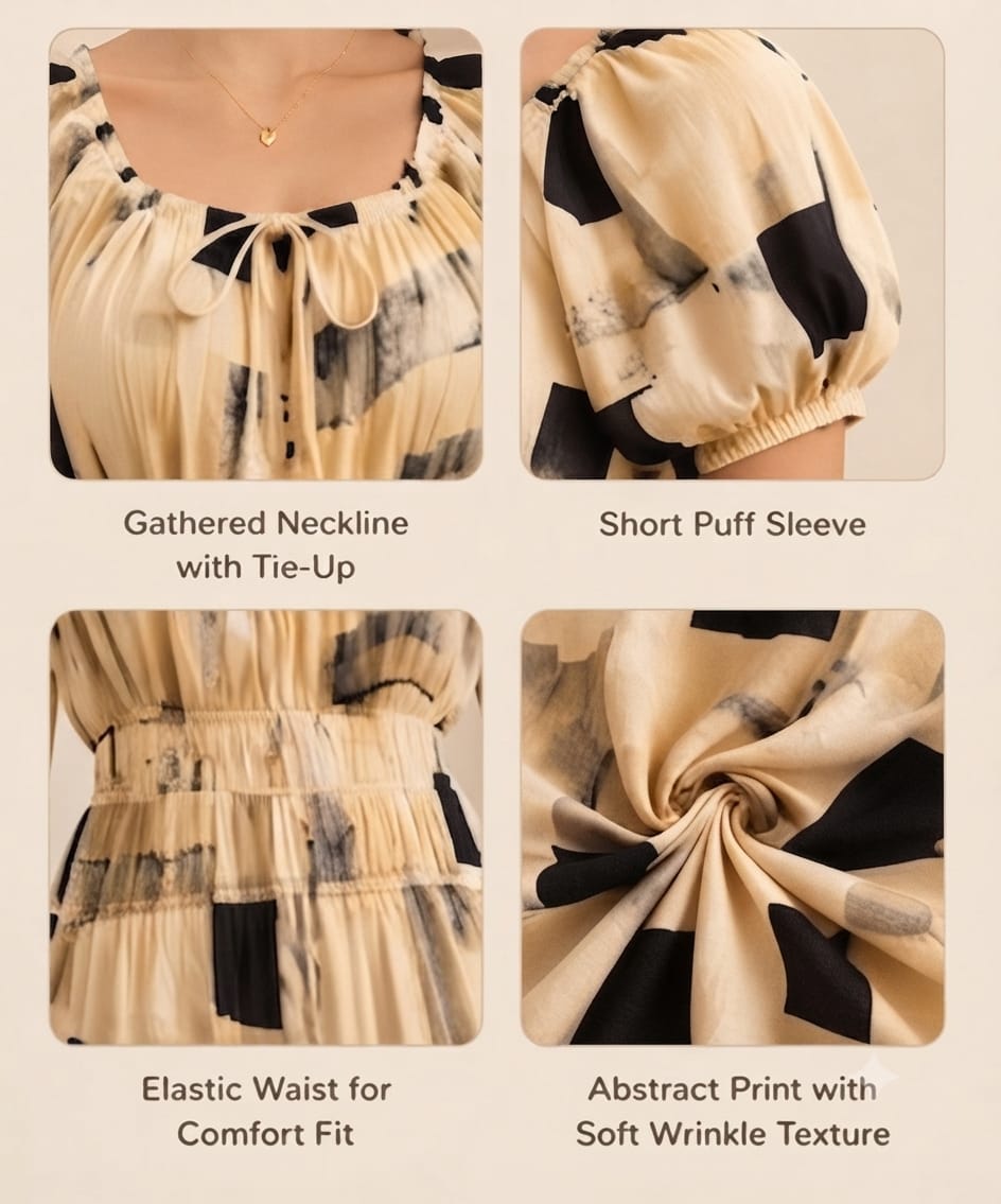Beige Abstract Geometric Wrinkle Maxi Dress | Soft Wrinkle Fabric with Tie-Up Neck
