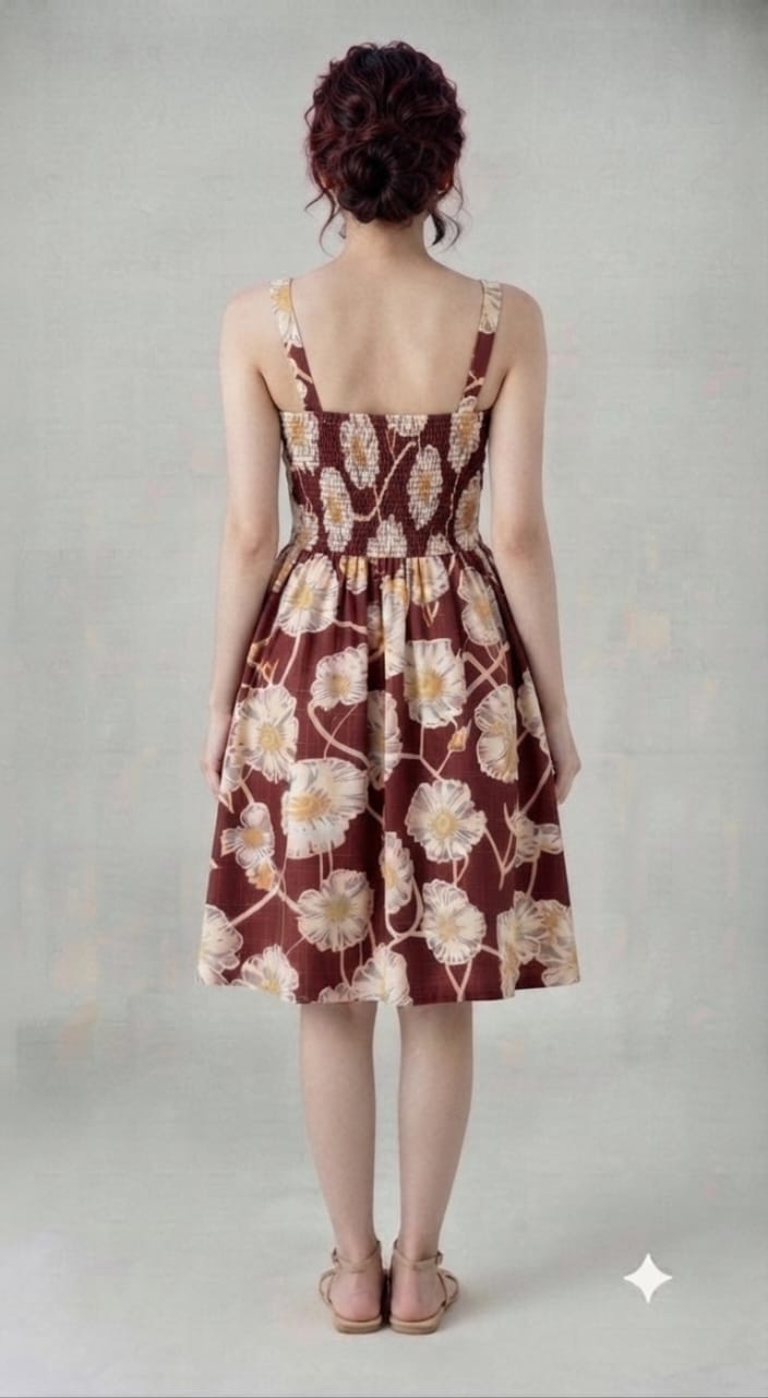 Maroon Daisy Floral Smocked Midi Dress | Square Neck Sleeveless Dress