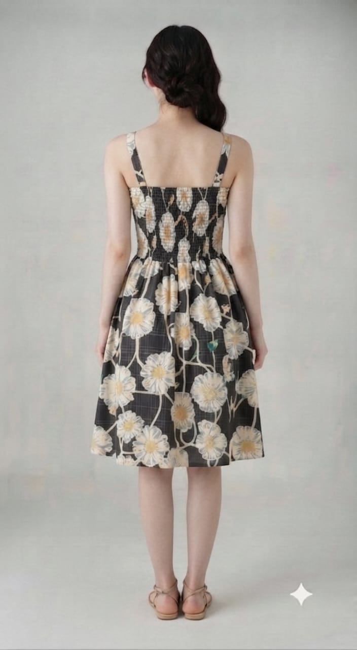 Green Daisy Floral Smocked Midi Dress | Square Neck Sleeveless Dress