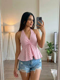 Pink Gingham Halter Peplum Top