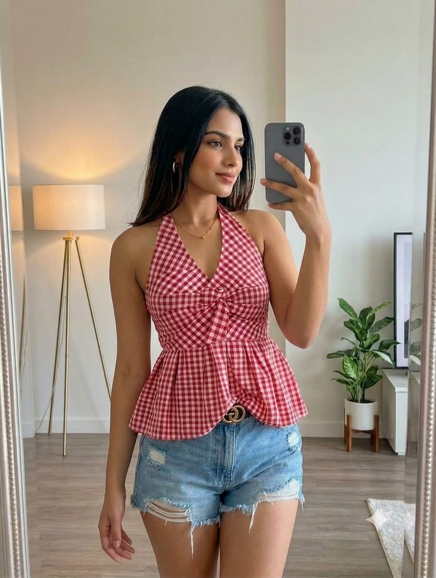Red Gingham Halter Peplum Top