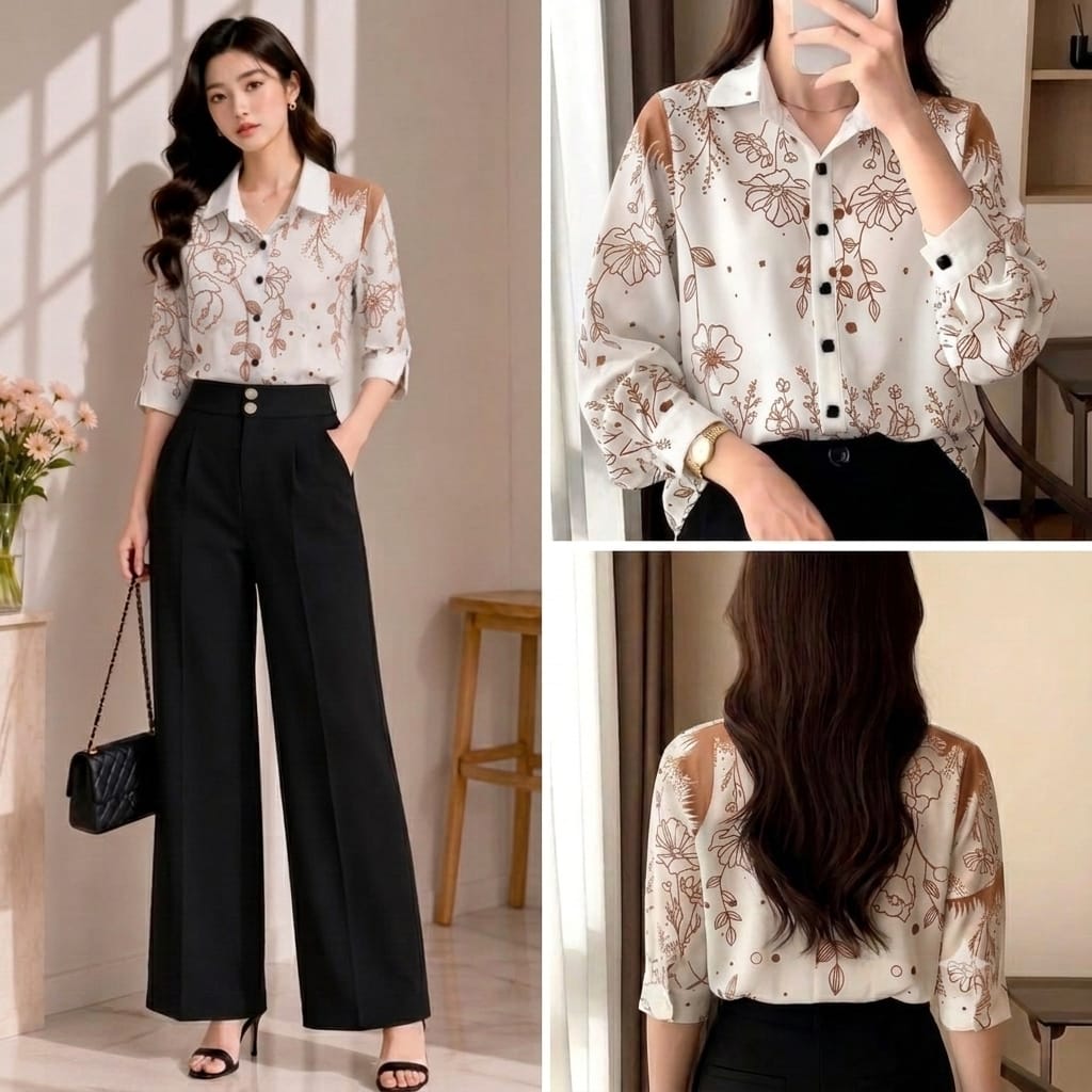 Floral Print Chiffon Shirt Brown