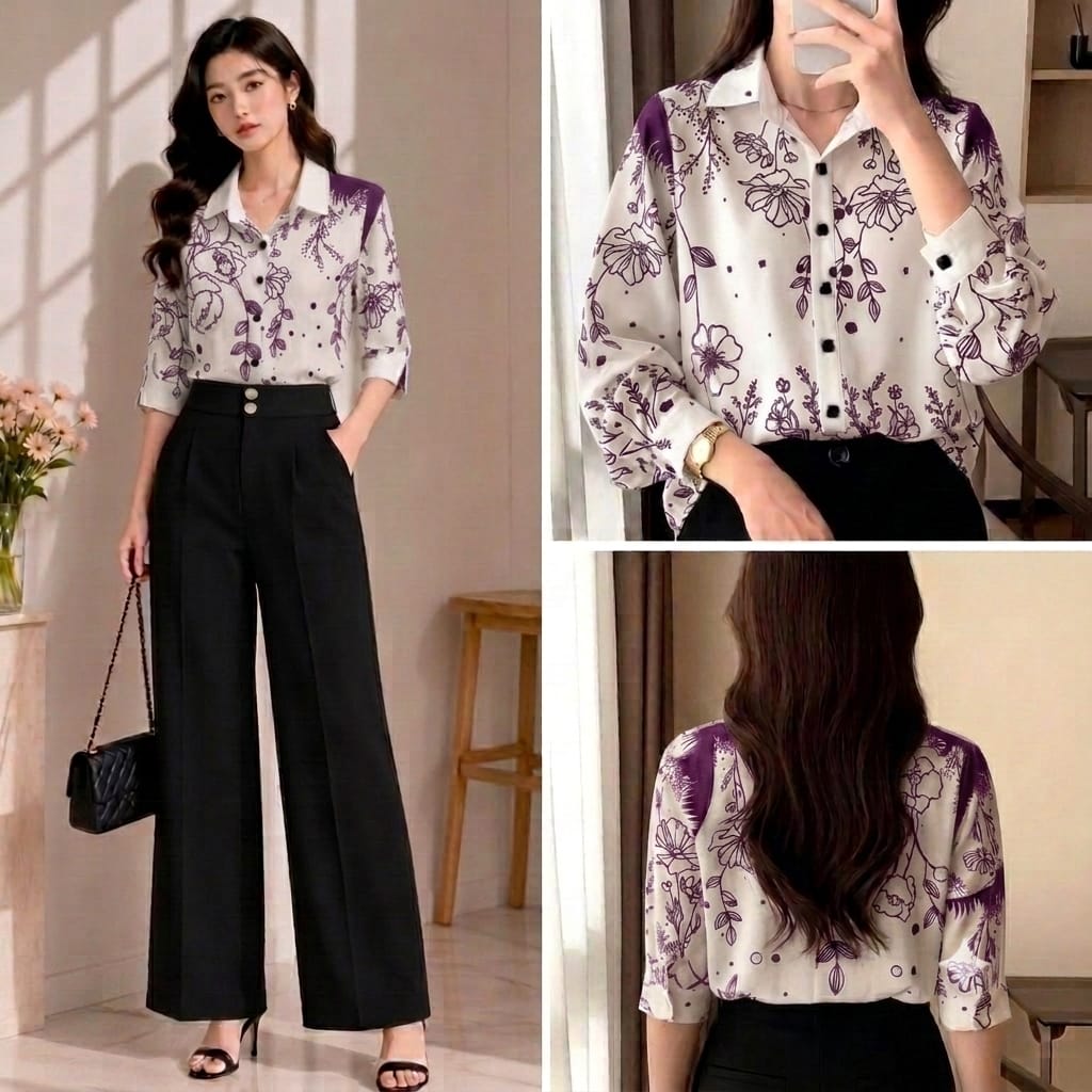 Floral Print Chiffon Shirt Purple