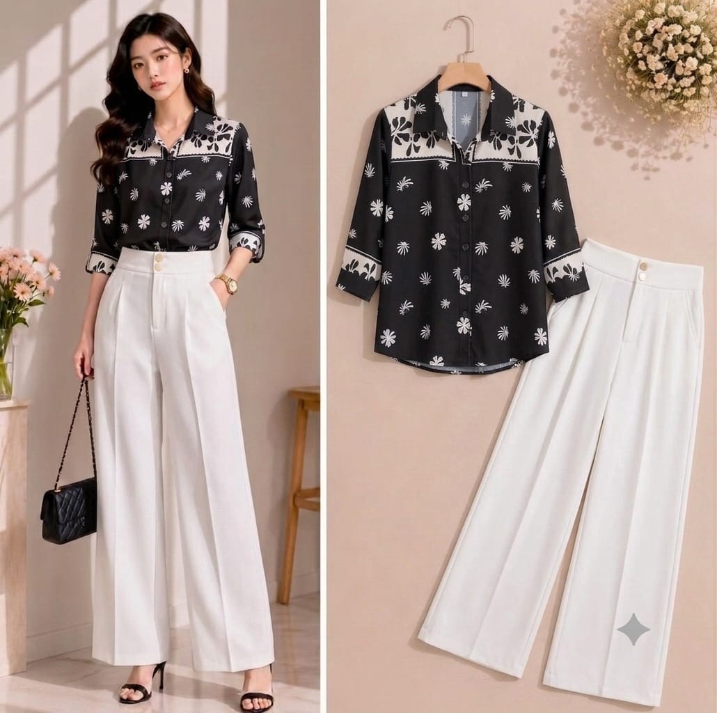 Daisy Print Shirt White Wide-Leg Pants Co-ord Set