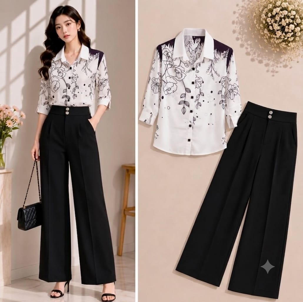 Floral Rose Print Shirt Black Wide-Leg Pants Co-ord Set