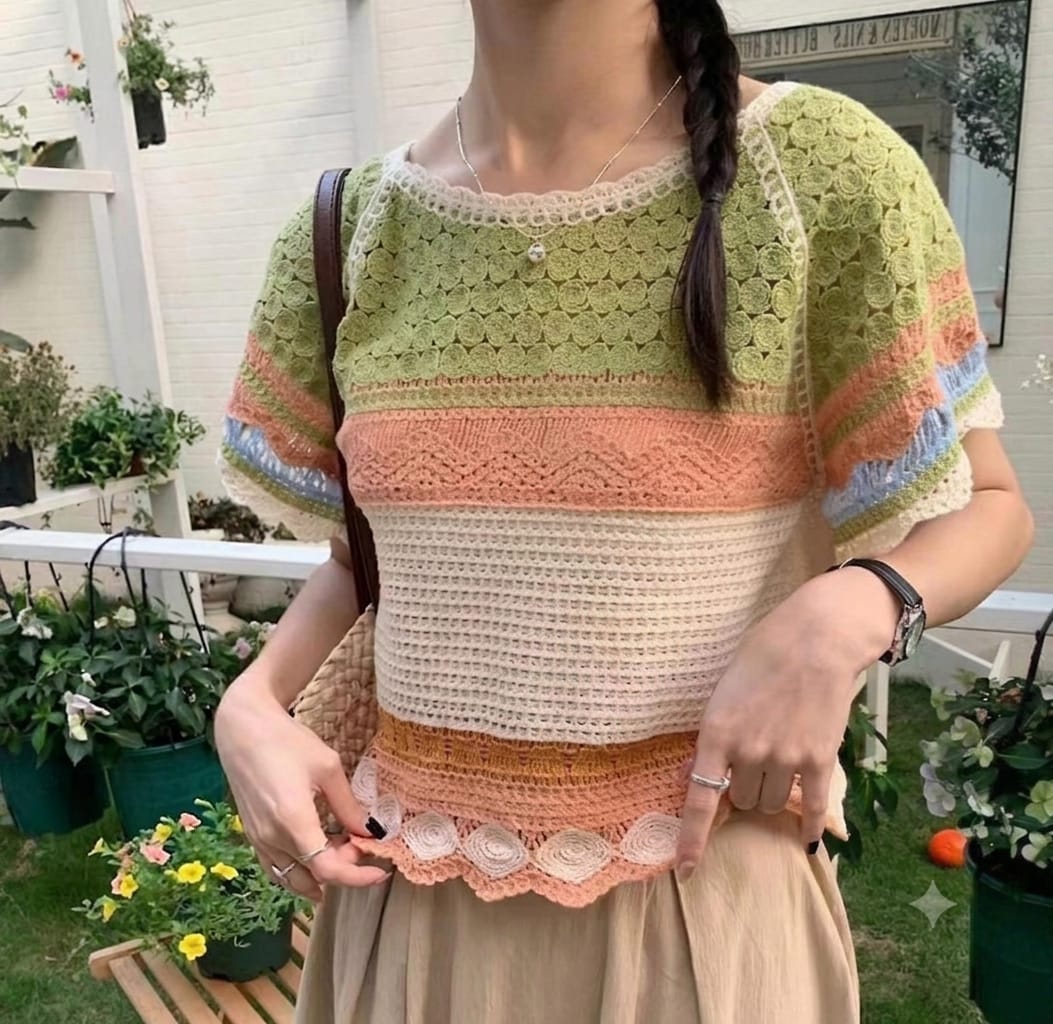 Colour Block Crochet Crop Top Green Peach Cream