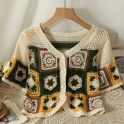 Boho Crochet Crop Top Olive Green Floral Embroidery