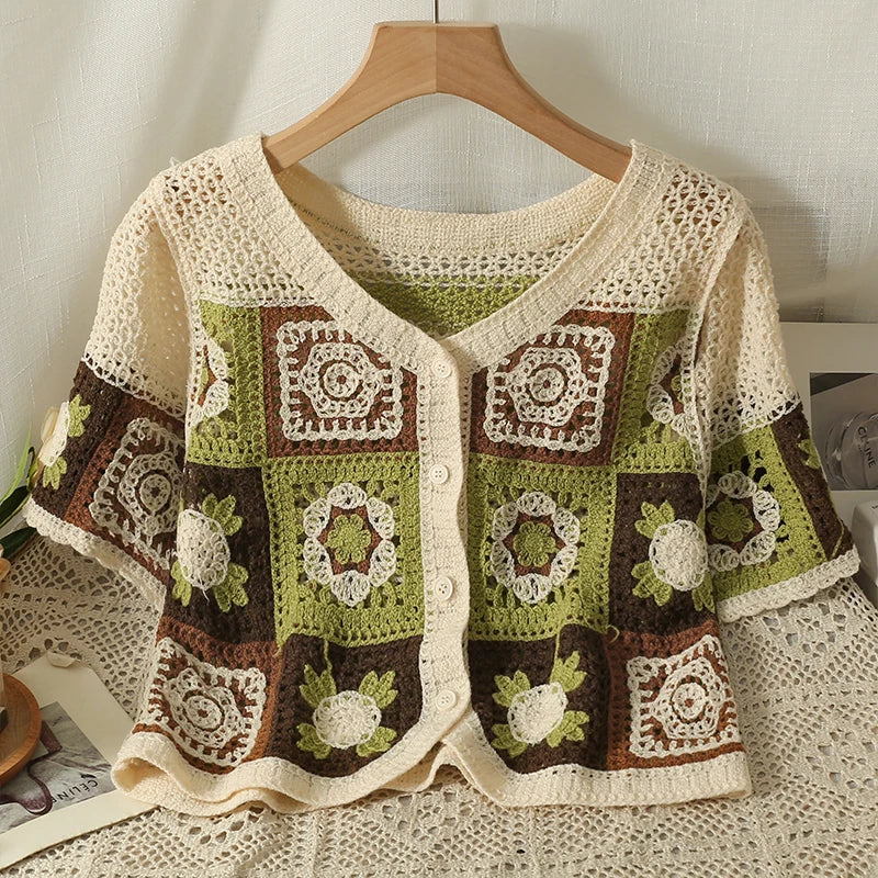 Boho Crochet Crop Top Blue Floral Embroidery