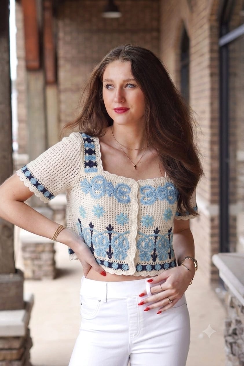 Boho Crochet Tassel Vest Beige Baroque Floral Side View