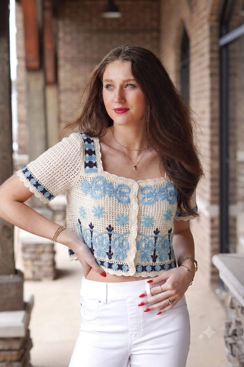 Boho Crochet Tassel Vest Beige Baroque Floral Side View