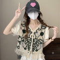 Boho Crochet Tassel Vest Dark Green Baroque Floral